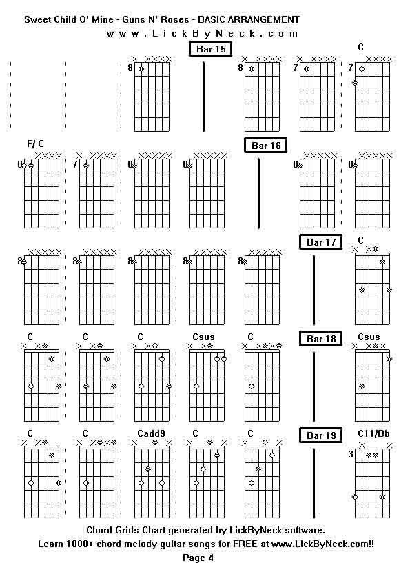 Chord Grids Chart of chord melody fingerstyle guitar song-Sweet Child O' Mine - Guns N' Roses - BASIC ARRANGEMENT,generated by LickByNeck software.